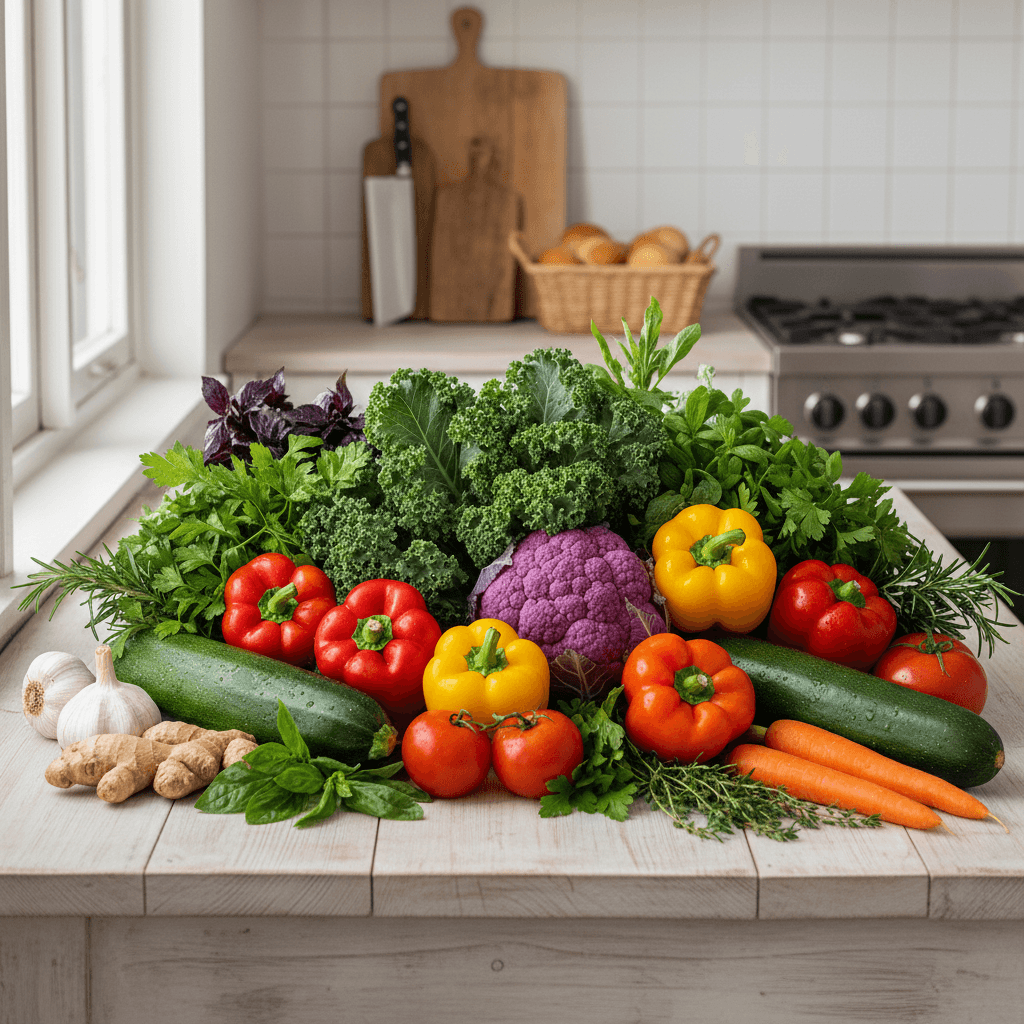 Fresh seasonal vegetables on a kitchen counter