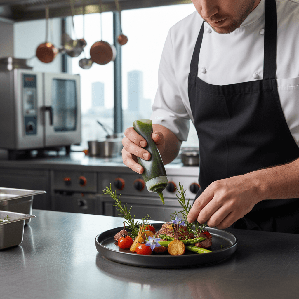 Chef plating a dish with fresh vegetables in a kitchen