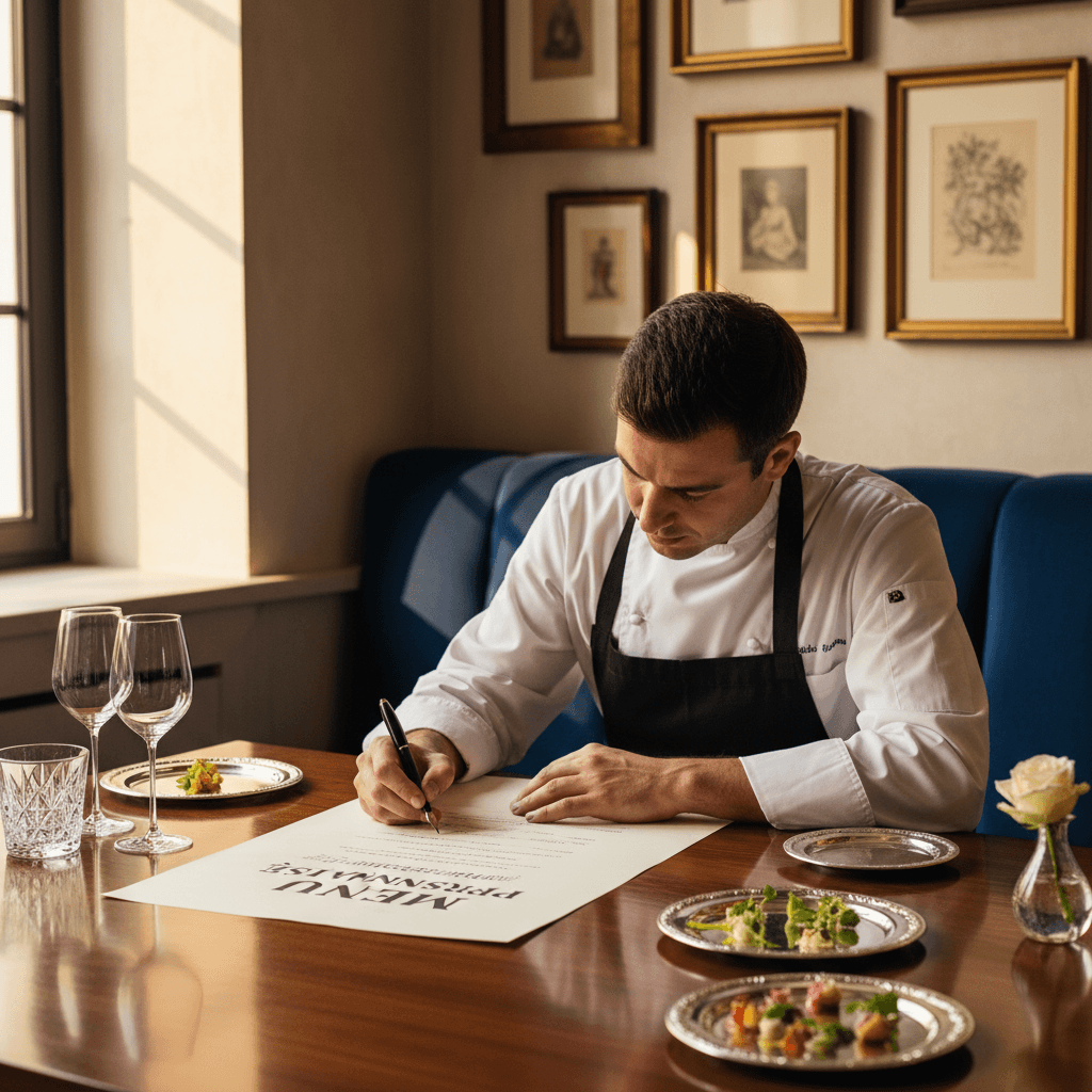 Chef writing notes on a custom menu at a dining table