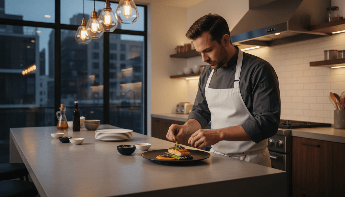 Private chef carefully plating a refined dish in a warm, modern home kitchen