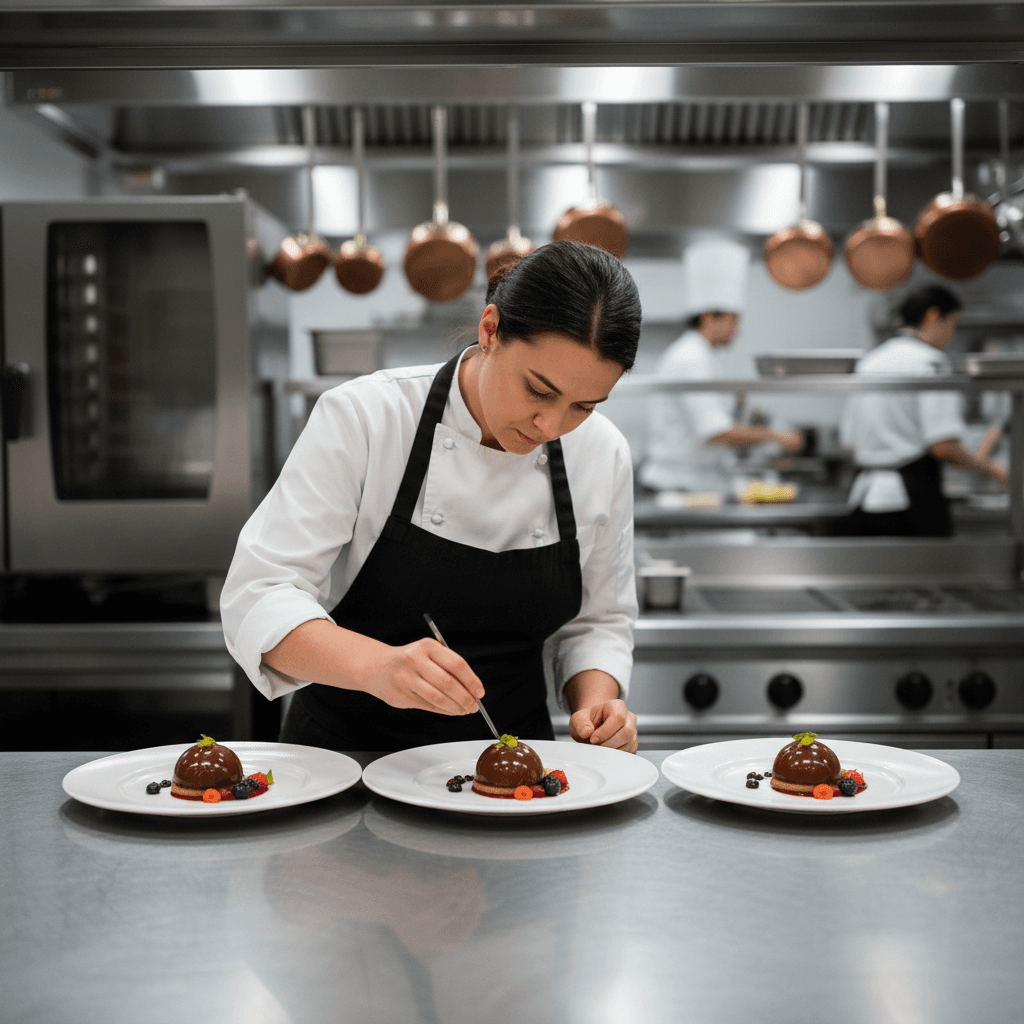 Chef plating desserts in a quiet kitchen