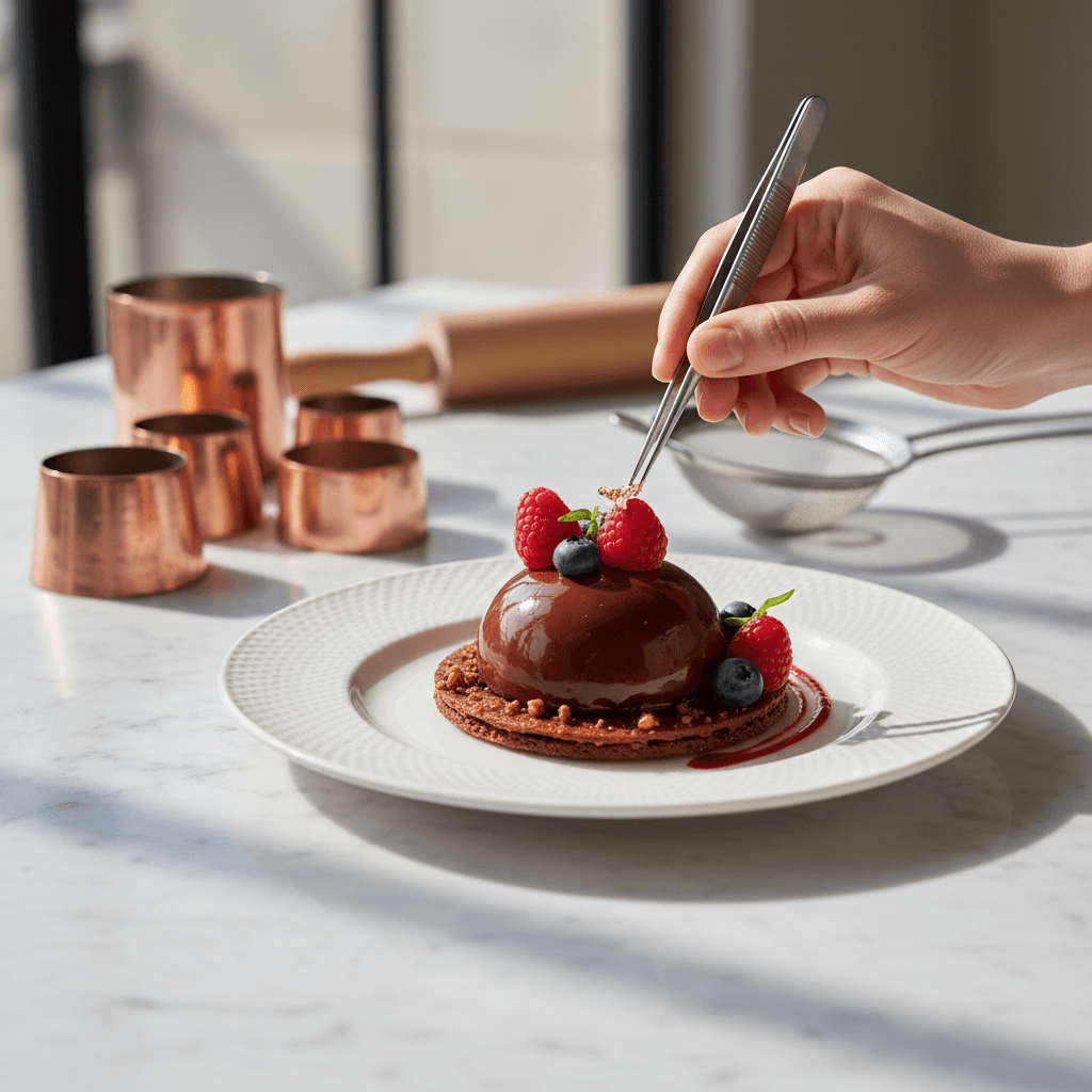 Refined dessert with chocolate and gold leaf
