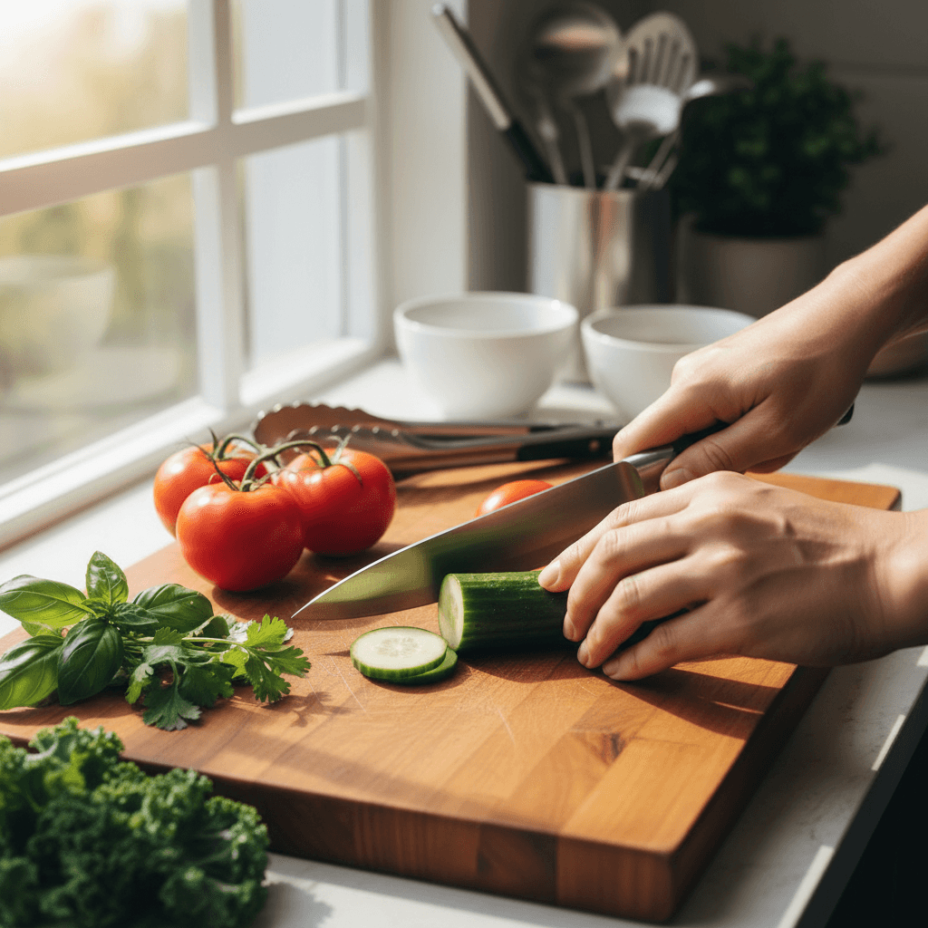 Fresh vegetables and herbs arranged on a wooden cutting board in a bright kitchen
