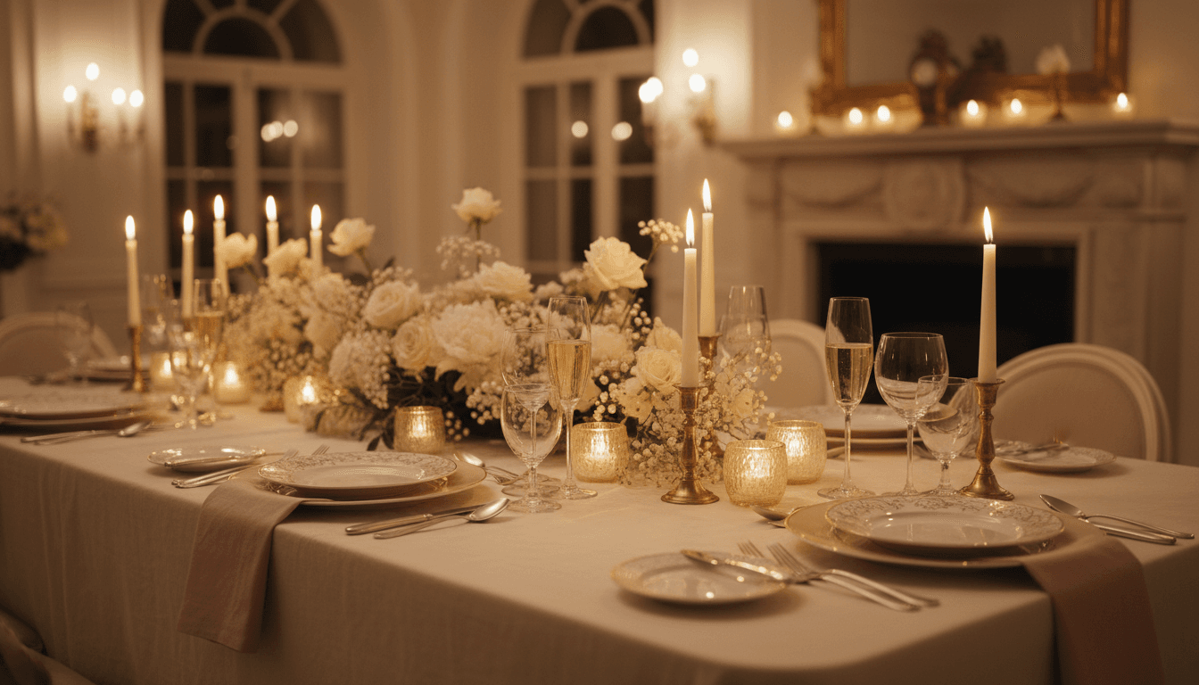Festive celebration table with champagne glasses and elegant decorations
