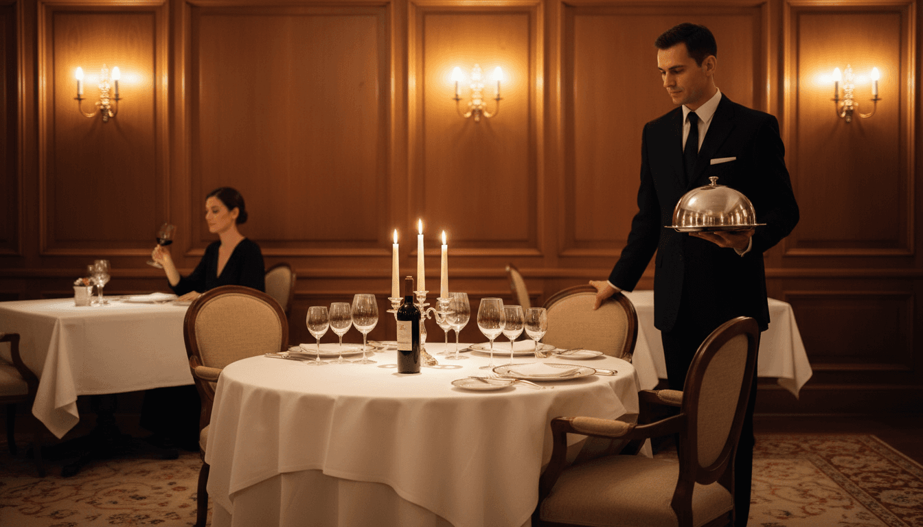Elegant plated dish on a dining table with wine glasses and warm lighting