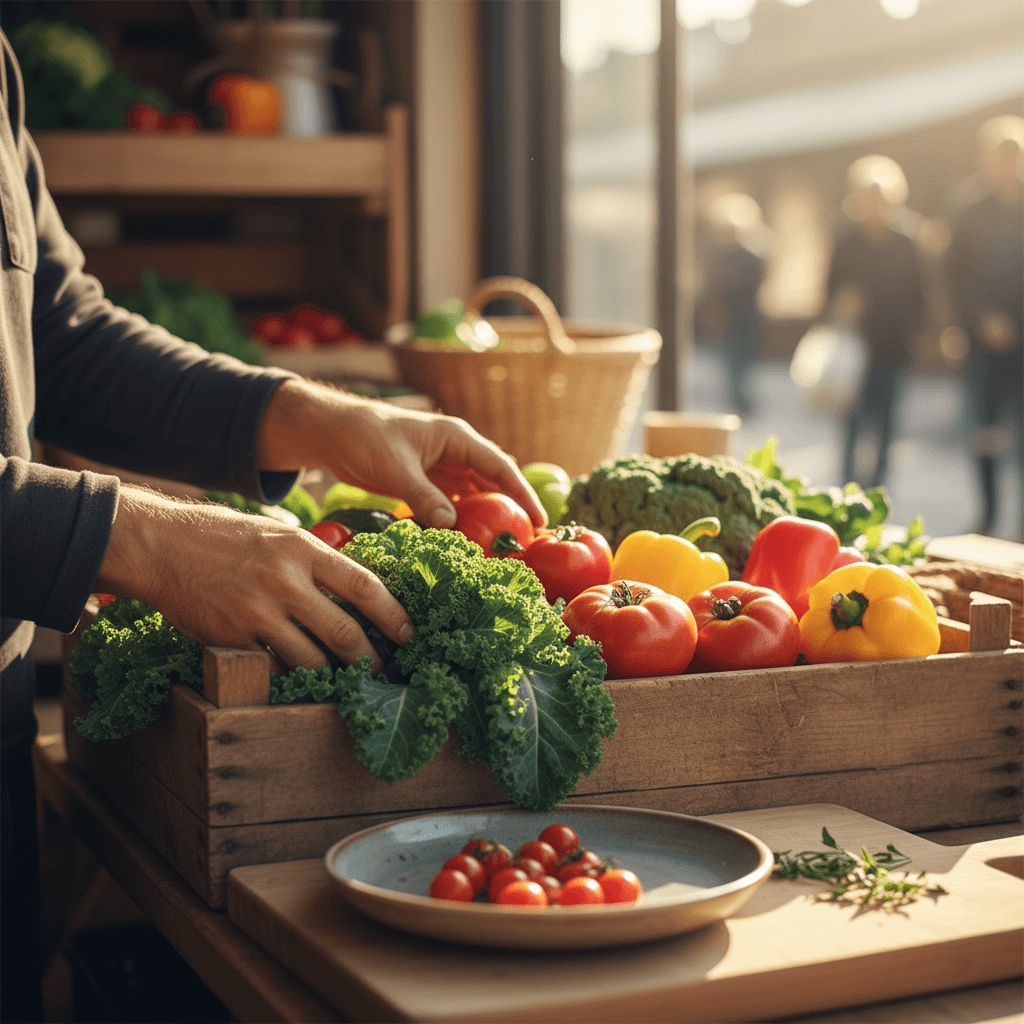 Chef holding fresh seasonal vegetables at a market stall