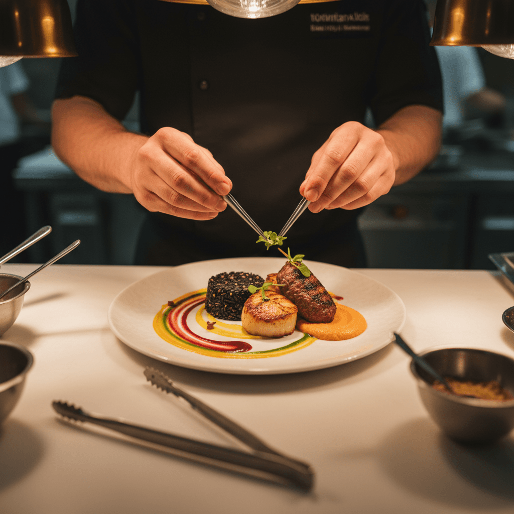 Chef Samuel Hansen plating a dish with precision in a professional kitchen