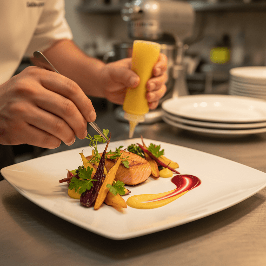 Chef plating a colorful gourmet dish with fresh herbs in a kitchen