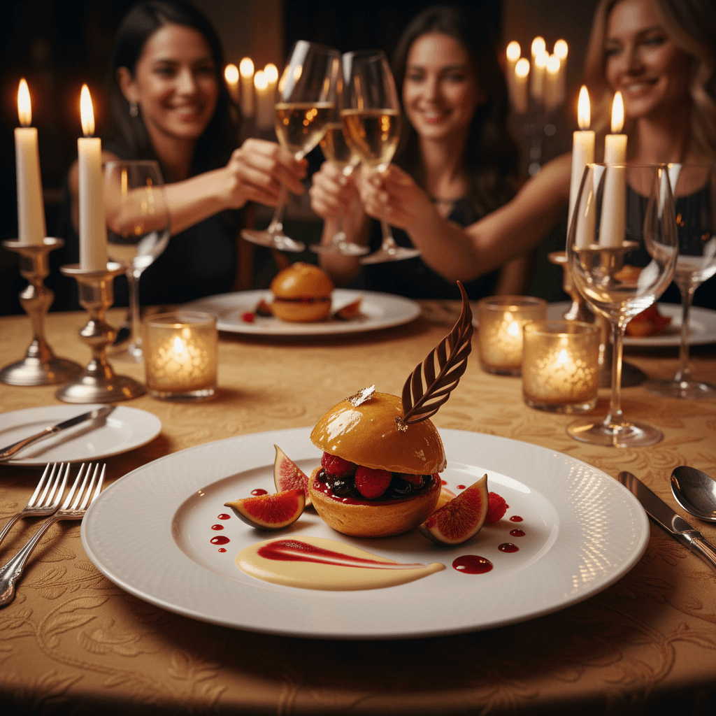 Celebration table with champagne glasses and ornate dessert presentation