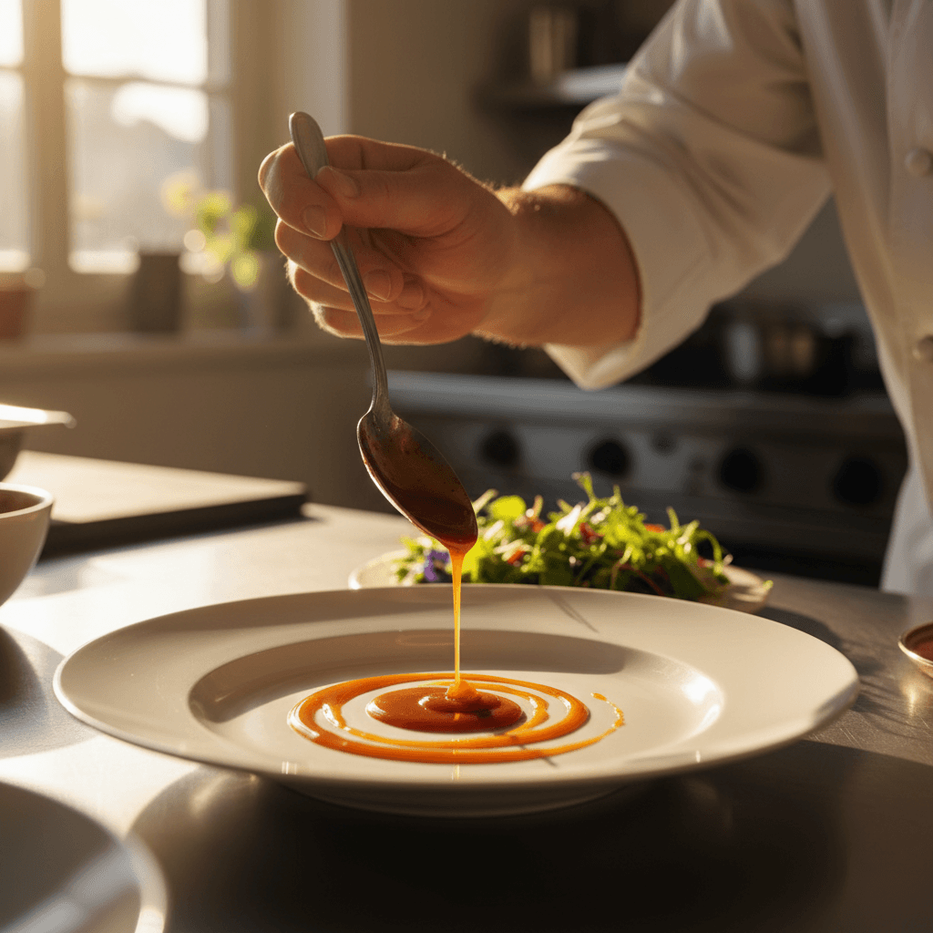Chef adds finishing touches to a plate