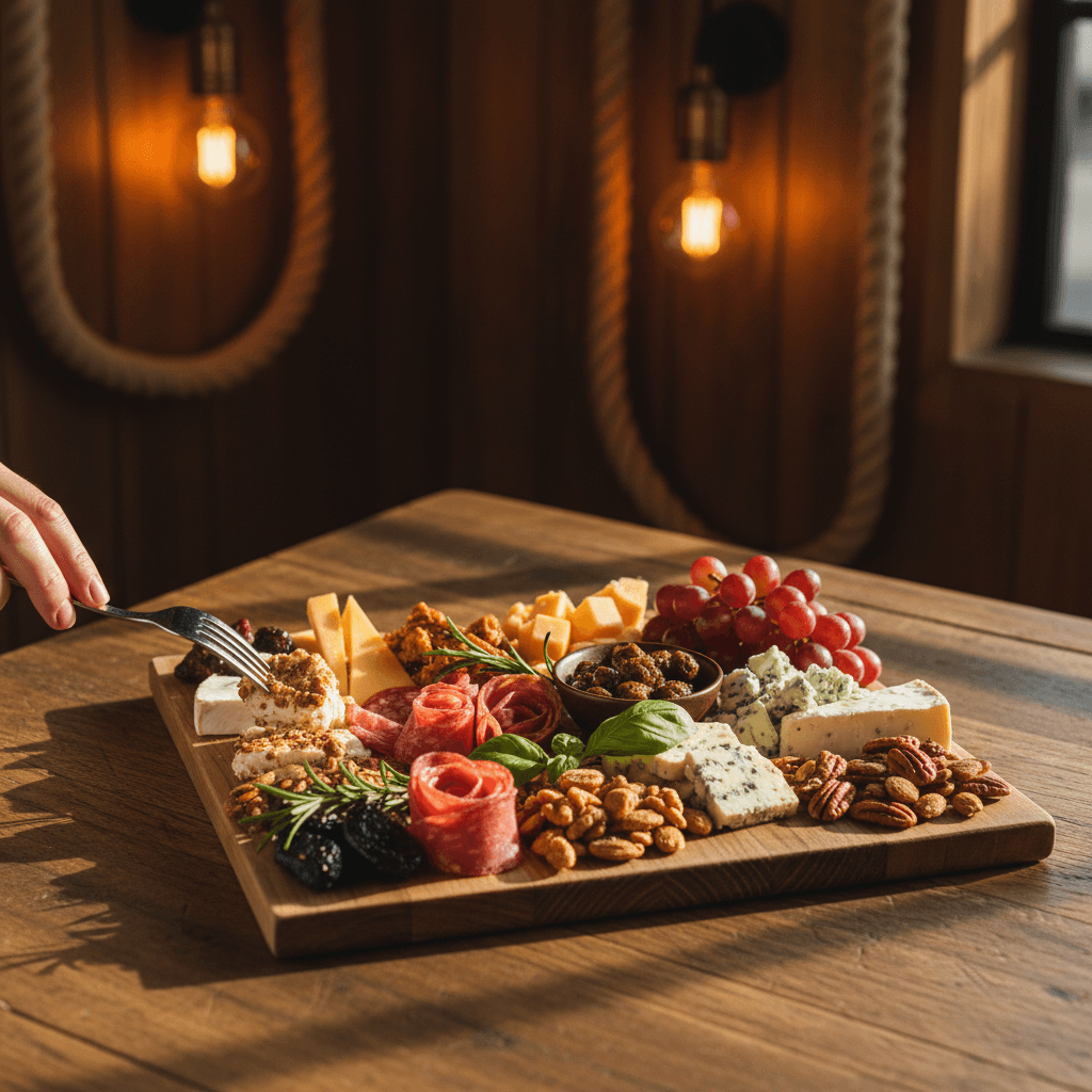 Small plated gourmet appetizers arranged across a long table