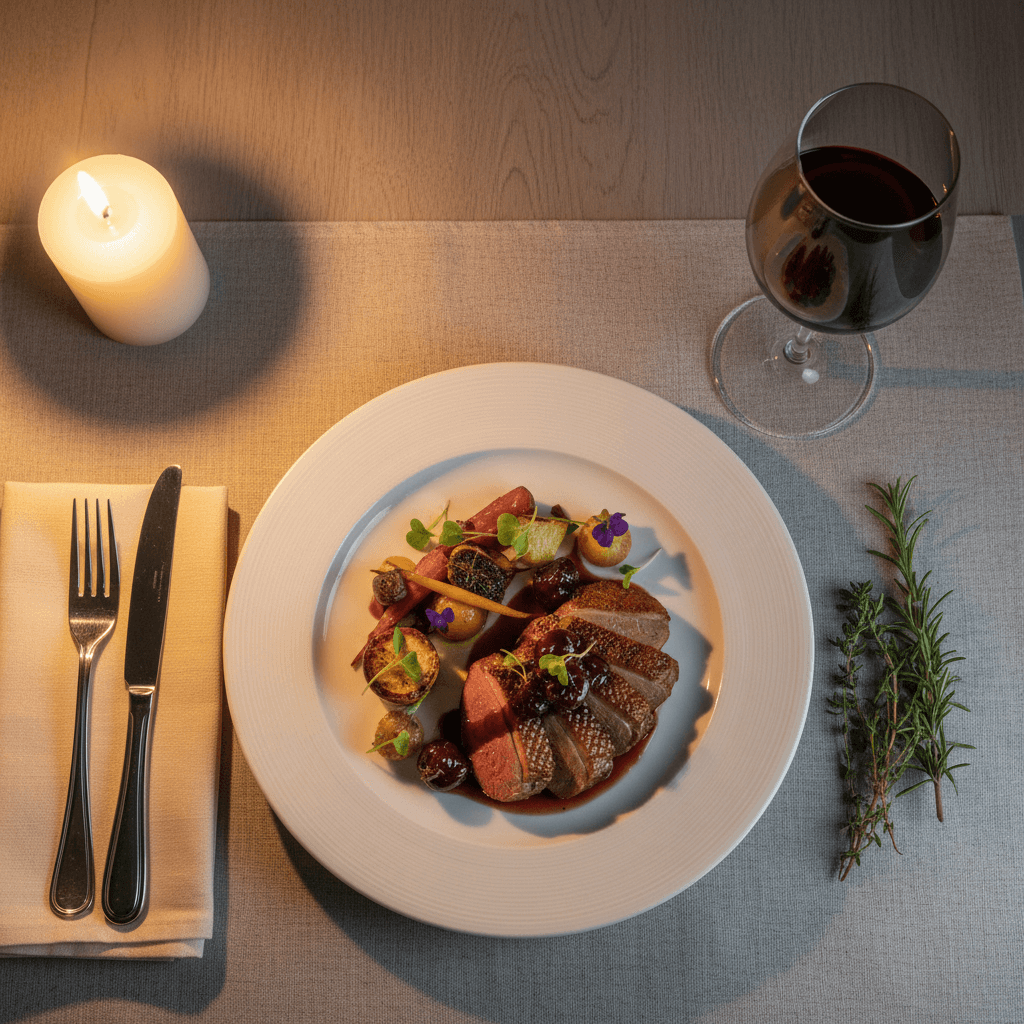 Elegant candlelit dinner table with plated gourmet courses and wine