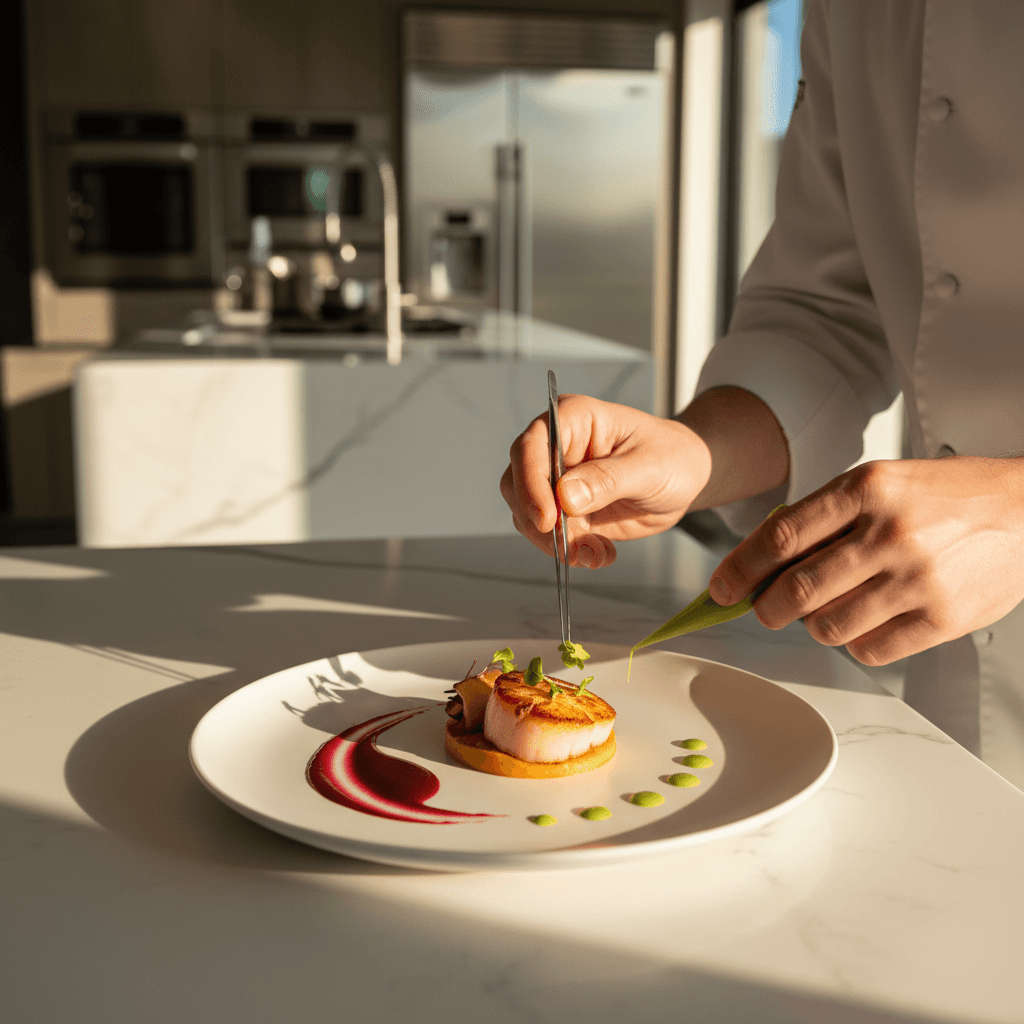 Private chef plating an elegant dish in a modern home kitchen