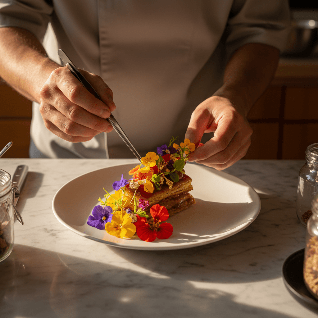 Plated gourmet dish with fresh herbs and edible flowers on a white plate